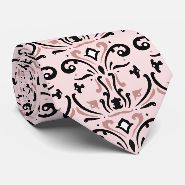 Gravata Damasco rosa e preto (Rolled)