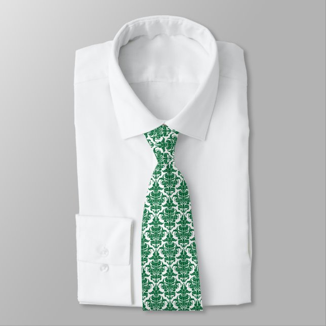 Gravata Damask - Floresta Verde em Branco (Amarrado)
