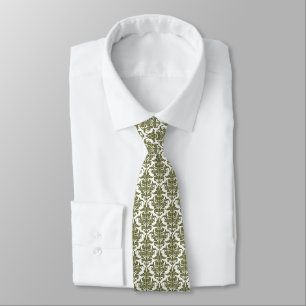 Gravata Damask - Olive Drab em Branco