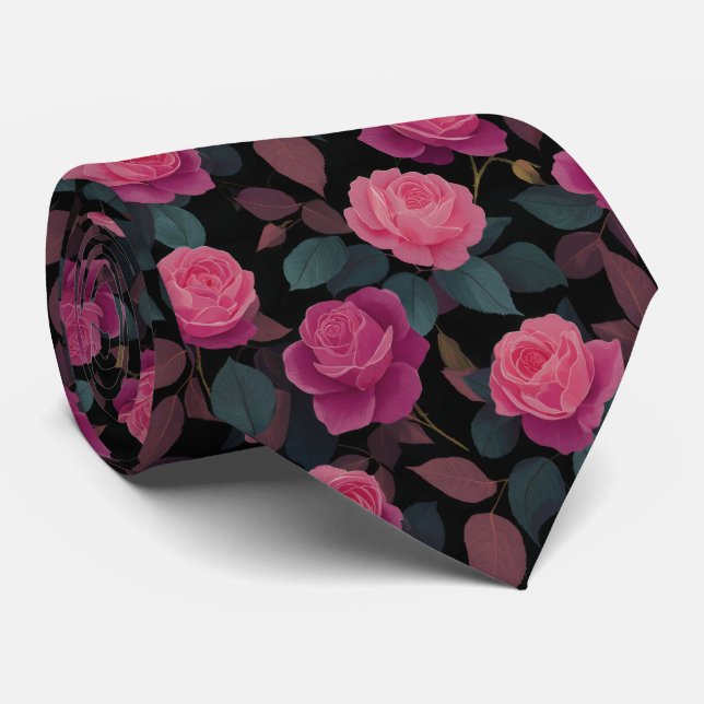 Gravata Dark Floral Pink Rose Pattern (Rolled)