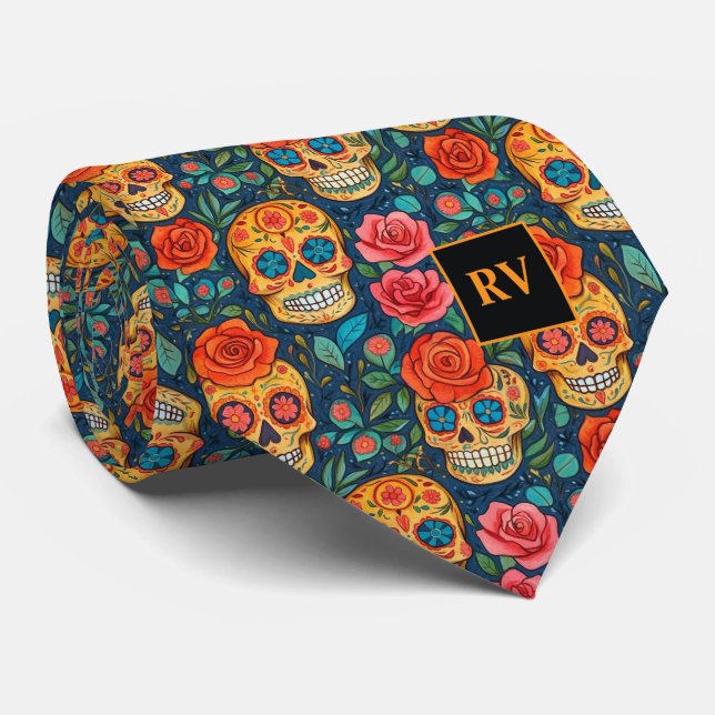 Gravata Day of the Dead Sugar Skulls with Roses on Indigo (Rolled)