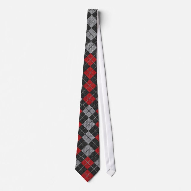 Gravata de Argyle em preto, em vermelho, e cinzas (Frente)
