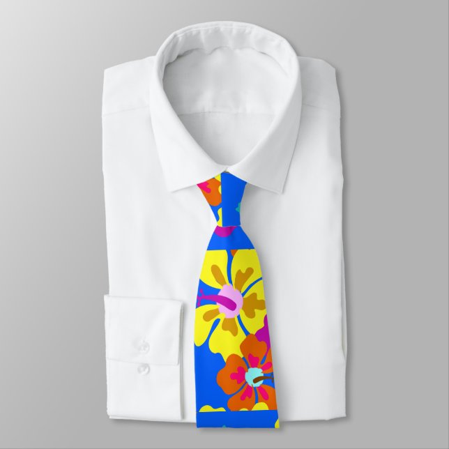 Gravata de casamento azul com padrão de hibisco ou (Amarrado)