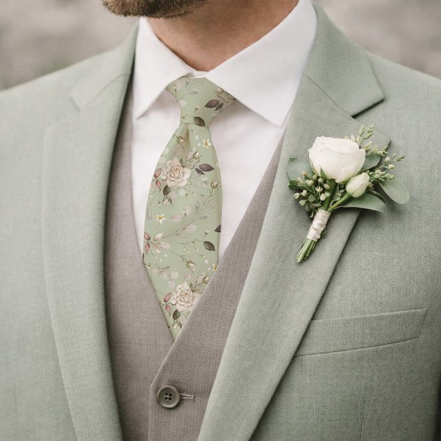 Gravata de casamento floral em verde salvia com ro (Criador carregado)