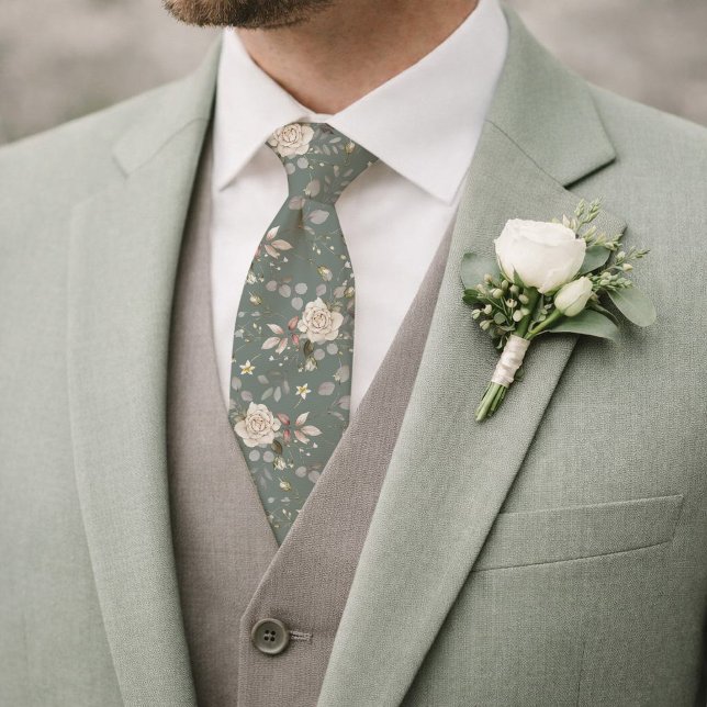 Gravata de casamento floral em verde sálvia com ro (Criador carregado)