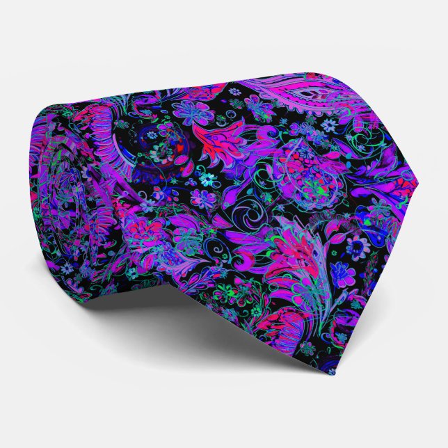Gravata de Cores Neon Psicanodélicas Paisley (Rolled)