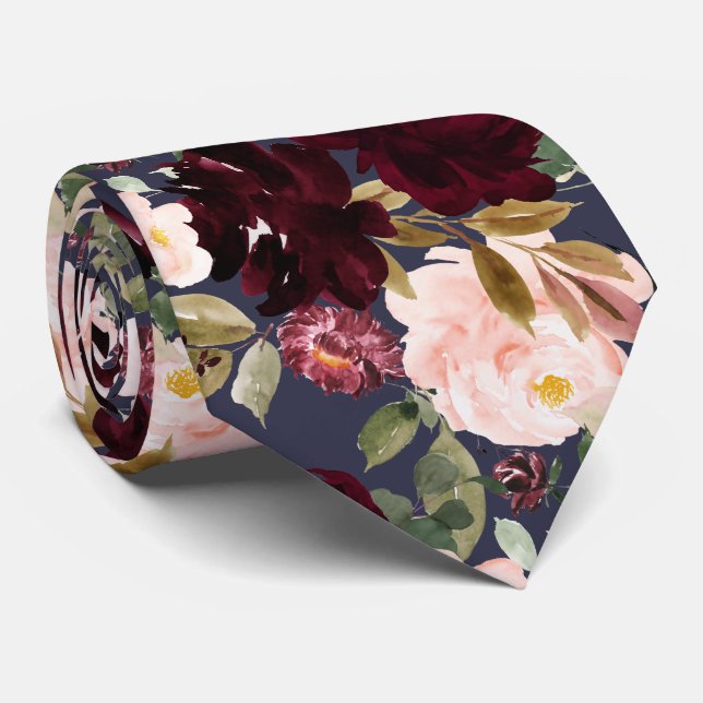 Gravata de flores de aquarela Burgundy Blush Azul- (Rolled)