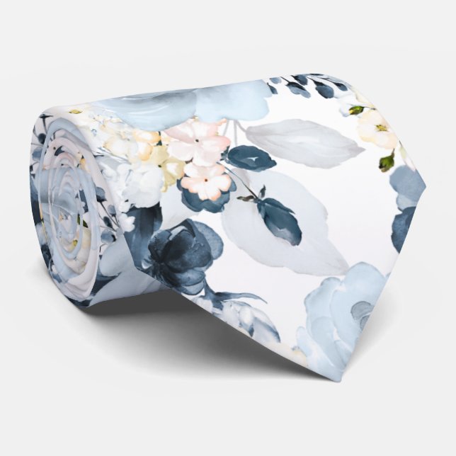 Gravata de flores de aquarela Dusty Blue Navy Rose (Rolled)