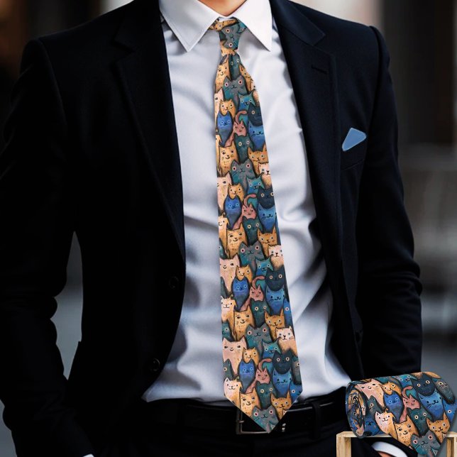 Gravata de Gatos Puro-Efeito - Torneio Azul, Laran (Playful Purr-fect Cats Tie - Blue, Orange Neck Tie)