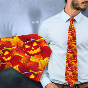 Gravata de Halloween com Abóbora Brilhante e Folha