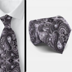 Gravata de Luxo Preta com Lavanda Paisley e Diaman