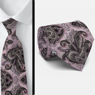 Gravata de Luxo Preta com Lavanda Paisley e Diaman