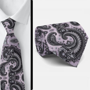 Gravata de Luxo Preto Lavanda Paisley Diamante