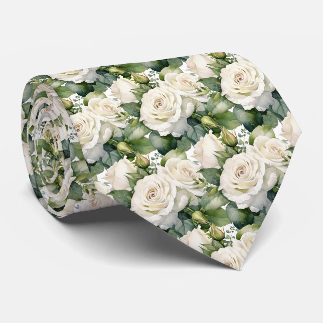 Gravata de Pescoço Floral Clássica com Rosas Branc (Rolled)