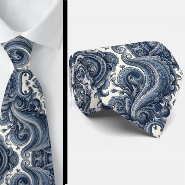 Gravata de Pescoço Paisley Azul e Branco Premium (Criador carregado)