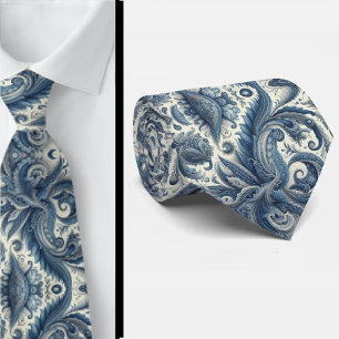 Gravata de Pescoço Paisley Azul e Branco Premium