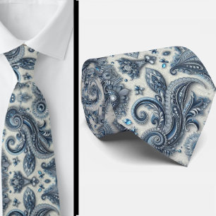 Gravata de Pescoço Paisley em Azul e Branco com Di