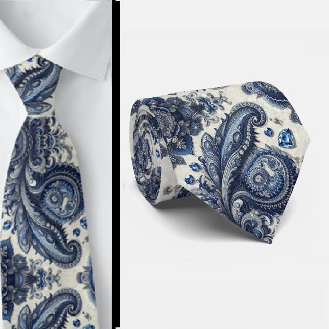 Gravata de Pescoço Paisley em Azul e Branco com Di (Criador carregado)