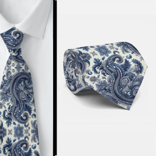 Gravata de Pescoço Paisley em Azul e Branco com Di