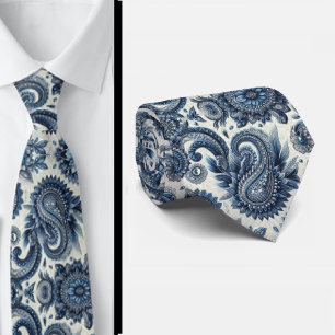 Gravata de Pescoço Paisley em Azul e Branco com Di