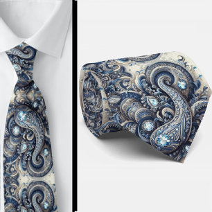 Gravata de Pescoço Paisley em Azul e Branco com Di