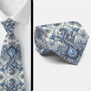 Gravata de Pescoço Paisley em Azul e Branco com Di