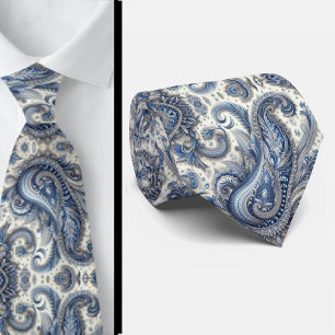 Gravata de Pescoço Paisley em Azul e Branco com Di