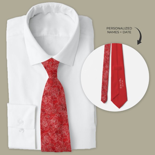 Gravata de Pescoço Personalizada do Pescoço de Ros (Personalized wedding neckties for groomsmen's gifts. Red tie with white rose outlines.)
