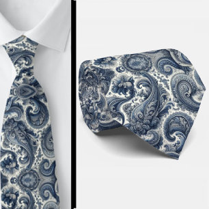 Gravata de pescoço Premium Azul e Branco Paisley