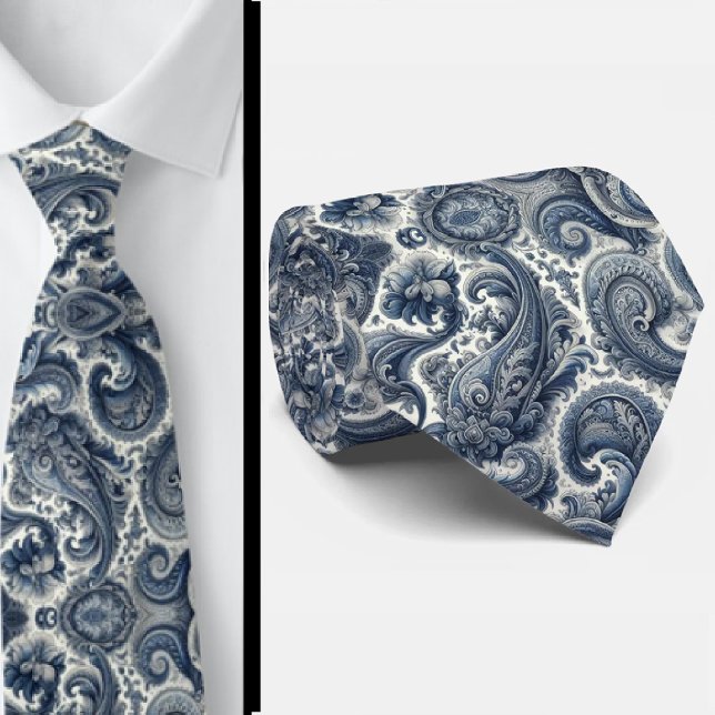 Gravata de pescoço Premium Azul e Branco Paisley (Criador carregado)