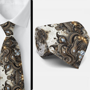 Gravata de renda preta branca dourada paisley em d