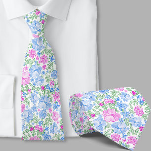 Gravata de seda com padrão floral cor-de-rosa e az