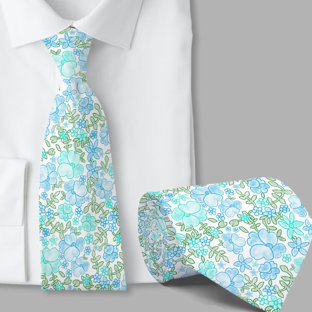 Gravata de seda com padrão floral em azul turquesa (Criador carregado)