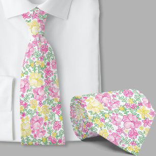 Gravata de seda com padrão floral rosa e amarelo