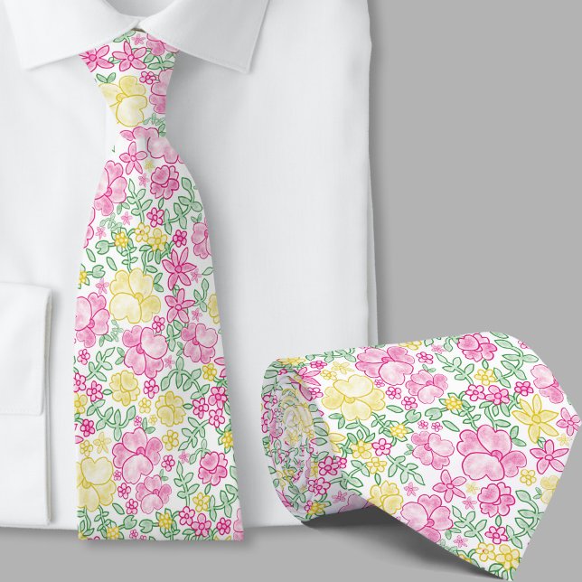 Gravata de seda com padrão floral rosa e amarelo (Criador carregado)