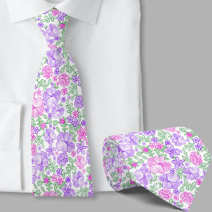 Gravata de seda com padrão floral rosa e roxo