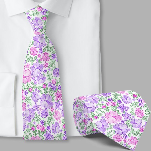 Gravata de seda com padrão floral rosa e roxo (Criador carregado)