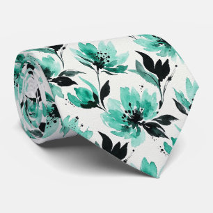 Gravata de seda falsa aqua + preta   Floral aquare