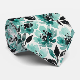 Gravata de seda falsa aqua + preta Floral aquare