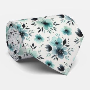 Gravata de seda falsa aqua + preta Floral aquare