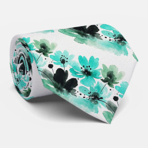 Gravata de seda falsa aqua + preta Floral aquare