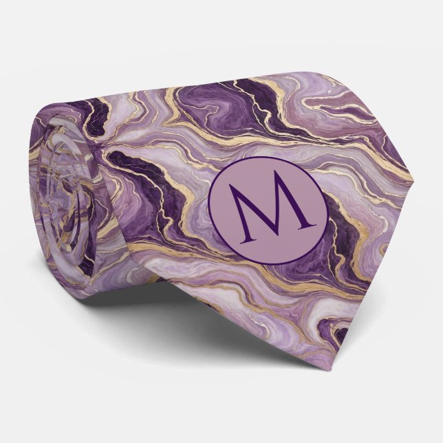 Gravata de seda falsa com monograma | Mármore roxo (Rolled)