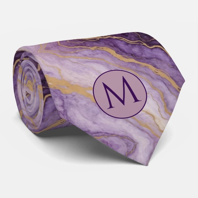 Gravata de seda falsa com monograma | Mármore roxo (Rolled)