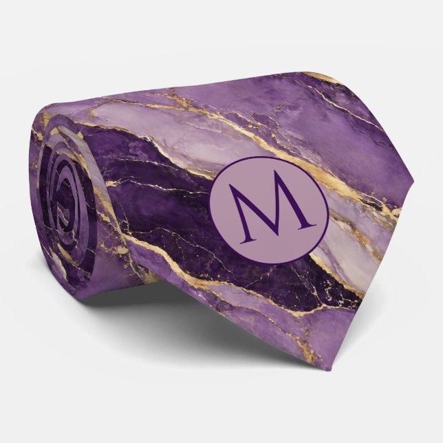 Gravata de seda falsa com monograma | Mármore roxo (Rolled)