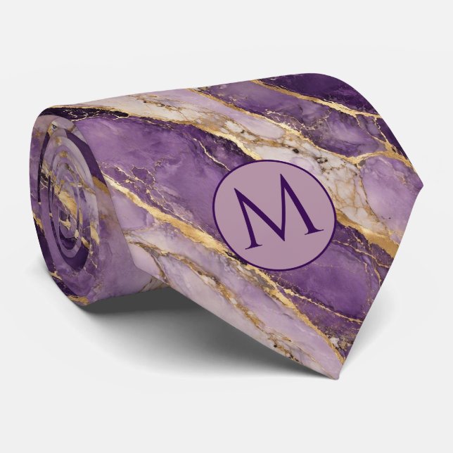 Gravata de seda falsa com monograma | Mármore roxo (Rolled)
