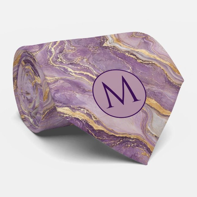 Gravata de seda falsa com monograma | Mármore roxo (Rolled)