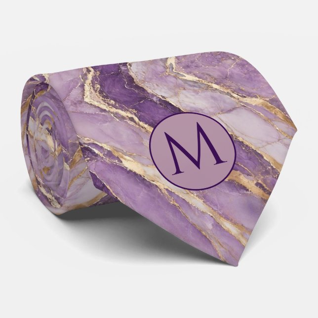 Gravata de seda falsa com monograma | Mármore roxo (Rolled)