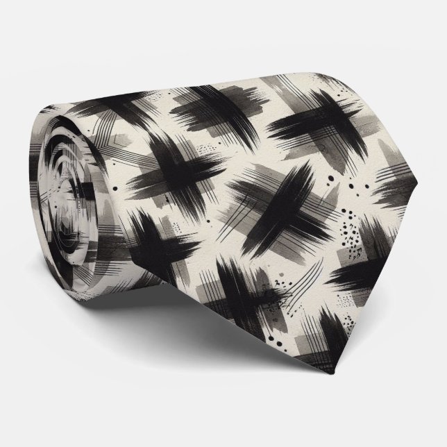 Gravata de seda falsa | Design abstrato preto e br (Rolled)