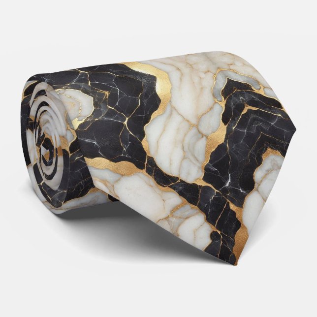 Gravata de seda falsa | Mármore preto, branco e do (Rolled)