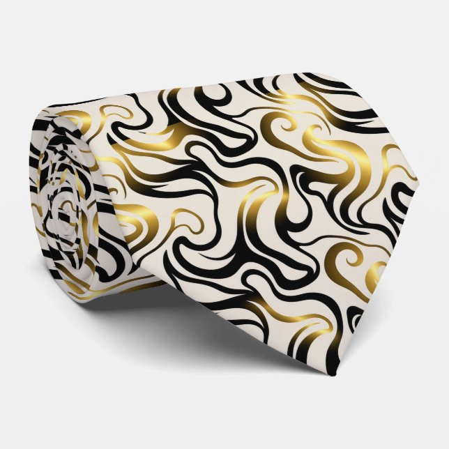 Gravata de seda falsa | Preto, Branco + Abstrato D (Rolled)